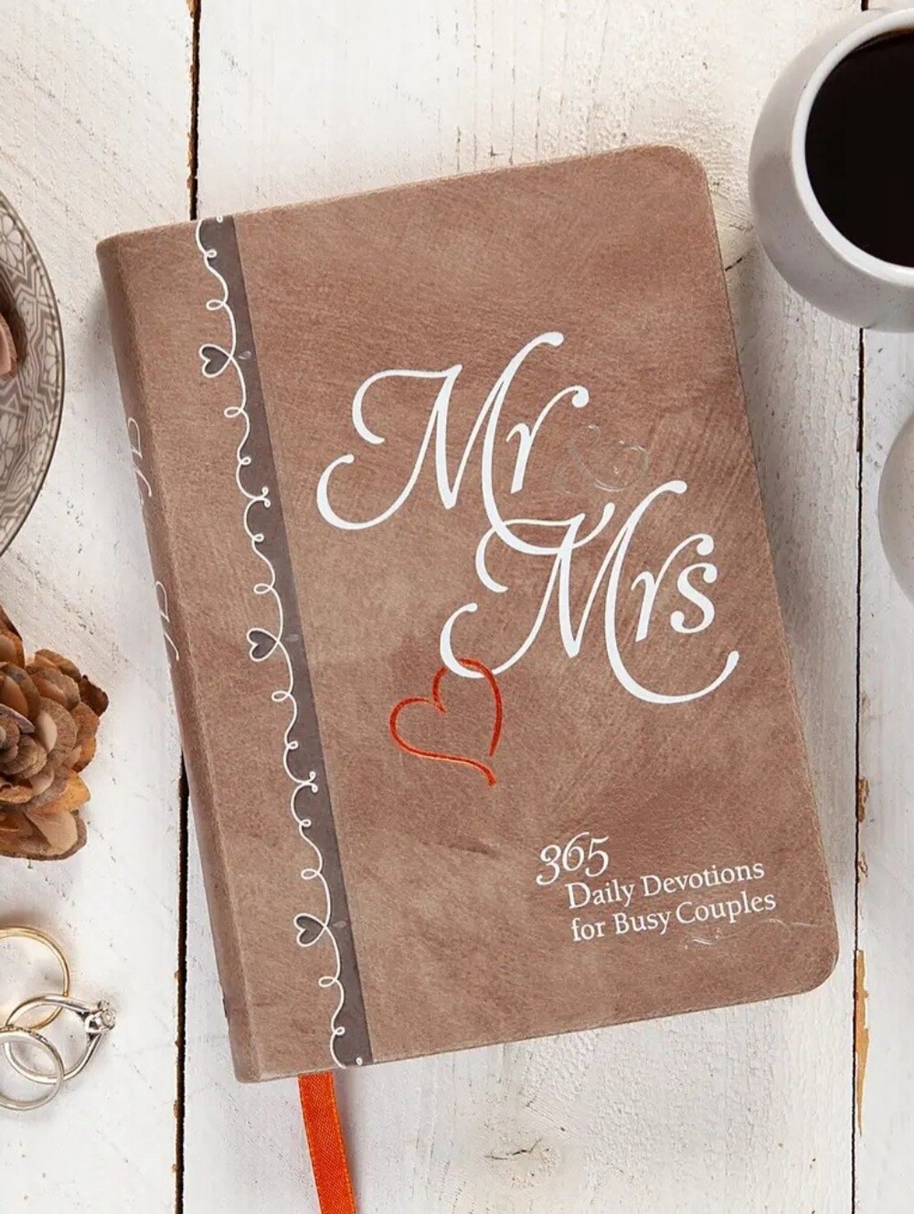 Mr & Mrs 365 Daily Devotions Hardcover Journal - Taupe with Orange Accent